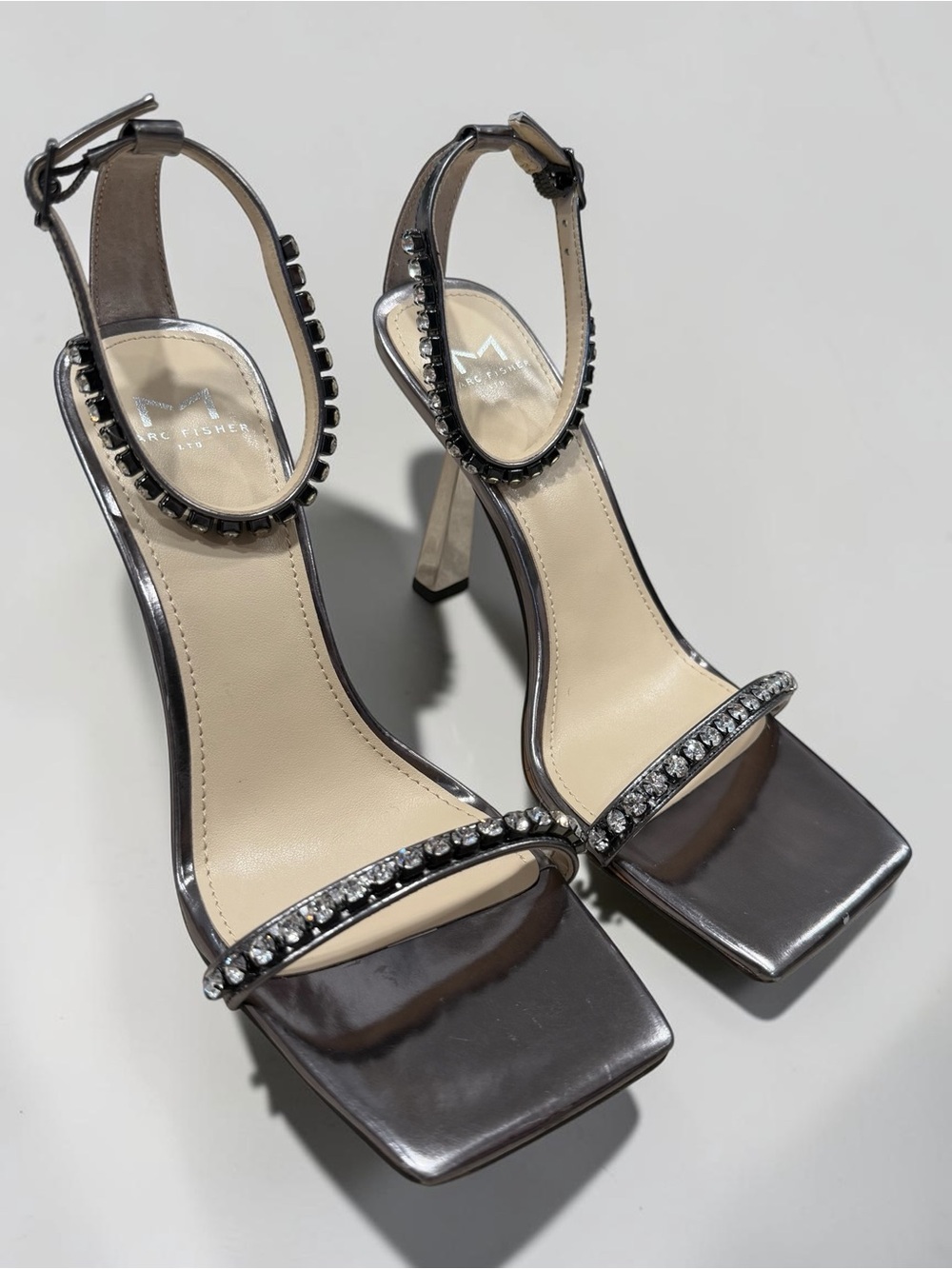 Marc Fisher Metallic Pewter Gem-Embellished Ankle-Strap Sandal - Picture 15 of 15